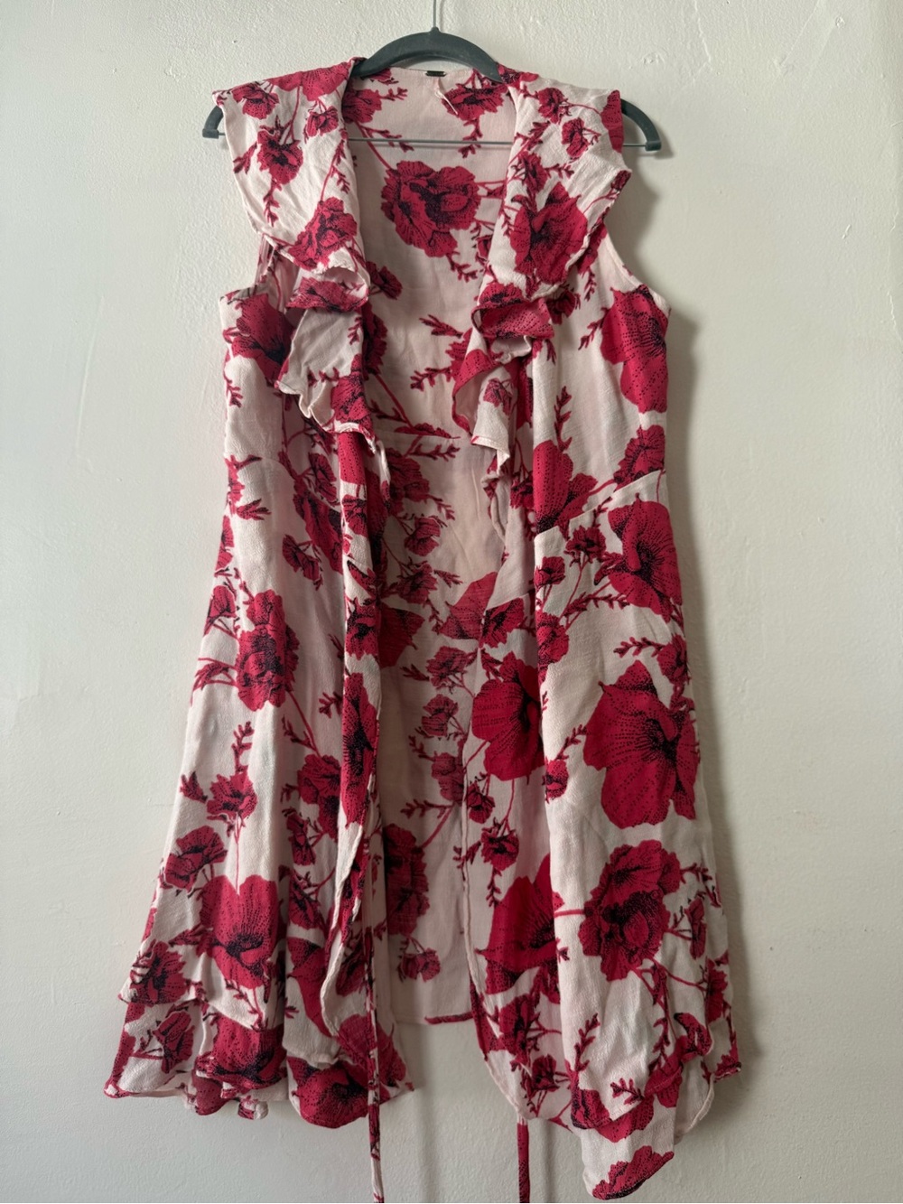 Free People Size L Red Poppy Floral Ruffle Sleeveless Wrap Dress